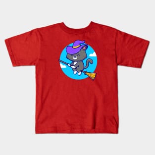 Cute Witch Cat Riding Magic Broom Cartoon Kids T-Shirt